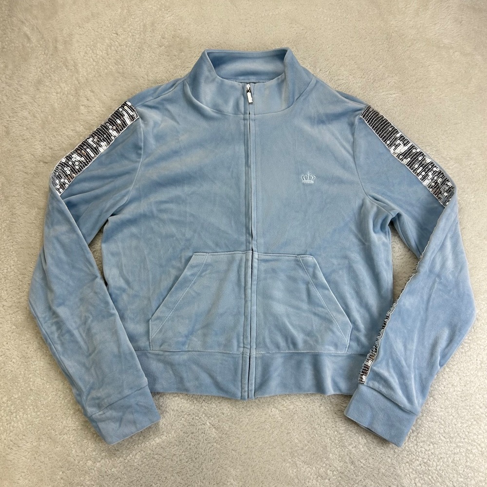 Juicy By Juicy Couture Velour Track Jacket Womens M Blue Full Zip Sequined